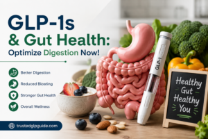 Illustration of a healthy digestive system with a GLP-1 injection pen surrounded by nutritious foods like broccoli, berries, yogurt, and nuts, alongside the headline “GLP-1s & Gut Health: Optimize Digestion Now!” promoting digestion support, gut health, and wellness.